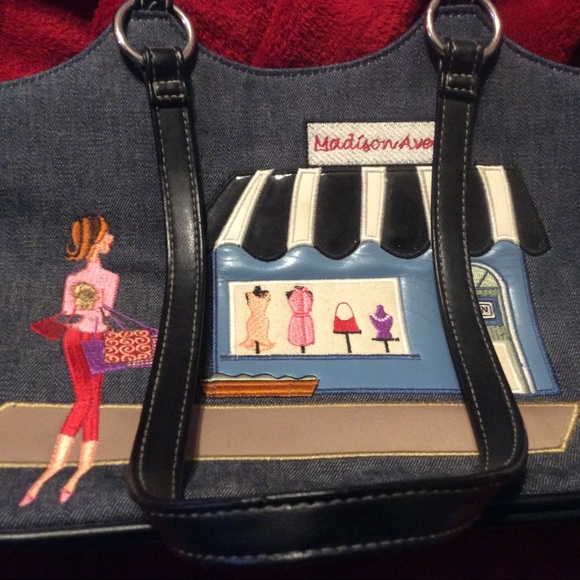 Novelty denim Madison Avenue fashion theme purse - Picture 2 of 3